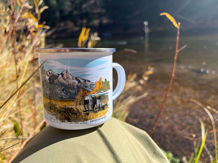 custom enamel camp mugs hand-printed in Arizona featuring a full color wrap-around print by Couloir[ART.] 
