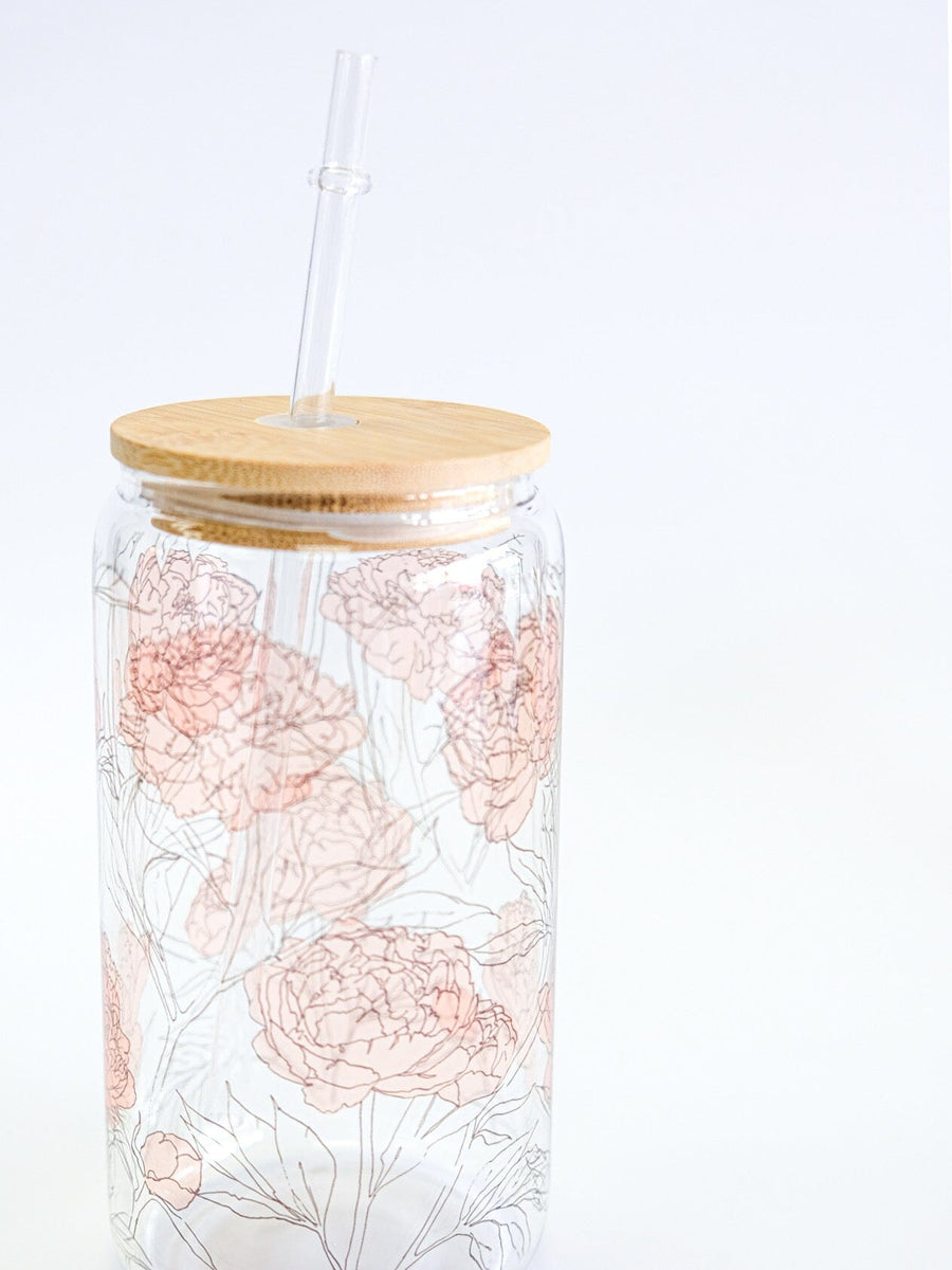 Glass Tumbler Cup with Lid & Straw Couloir[ART.] Peonies Pattern 