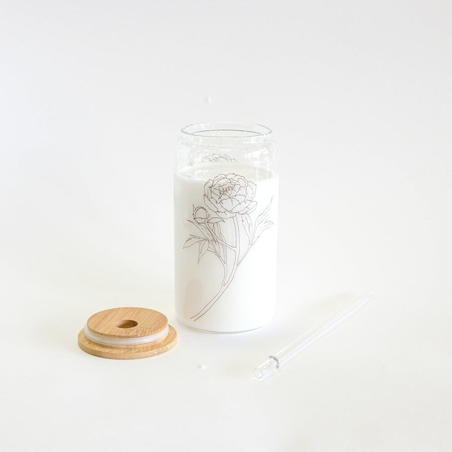 Glass Tumbler Cup with Lid & Straw Couloir[ART.] Peonies Single Flower 